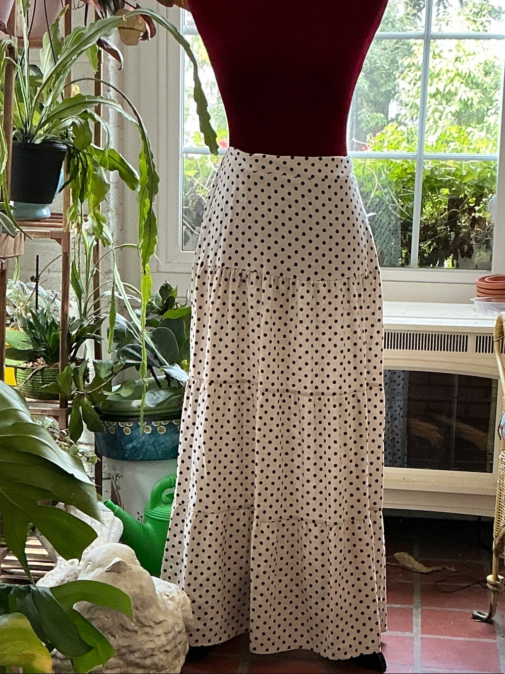Polka Dot Tiered Maxi Skirt - creme with Black Dots size L  linen and cotton